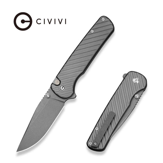 CIVIVI Iron Tide Flipper & Thumb Stud & Button Lock Knife Gray Aluminum Handle (3.24" Gray Stonewashed 14C28N Blade) C25011-3