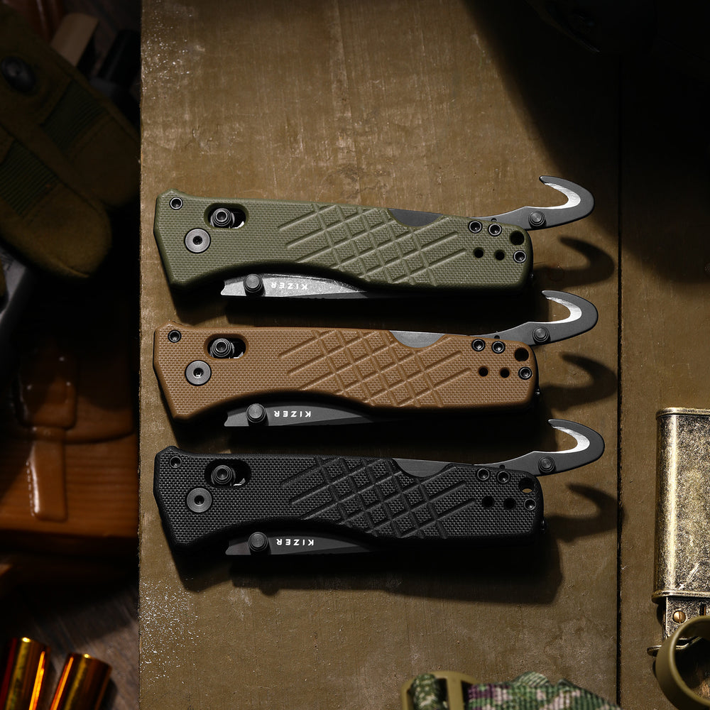 KIZER CUTLERY Aegis T | Serrated AEB-L Blade | G10 | Rescue Hook & Glass Breaker
