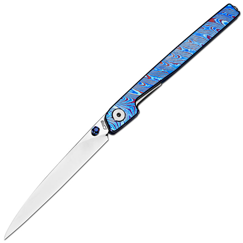 CJRB Lanky Thumb Stud & Front Flipper Liner Lock EDC Knife Titanium Damascus Handle Steel Clip(3.58'' CPM S90V Mirror Polish Blade) J1965G-TDB