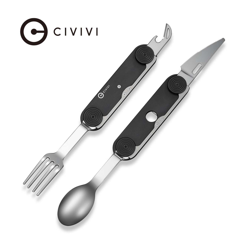 CIVIVI Partake 4-In-1 Multi-Tool Black Aluminum Handle Stainless Steel Knife, Fork, Spoon & Can Opener C24032C-1, With A Waxed Canvas Pouch