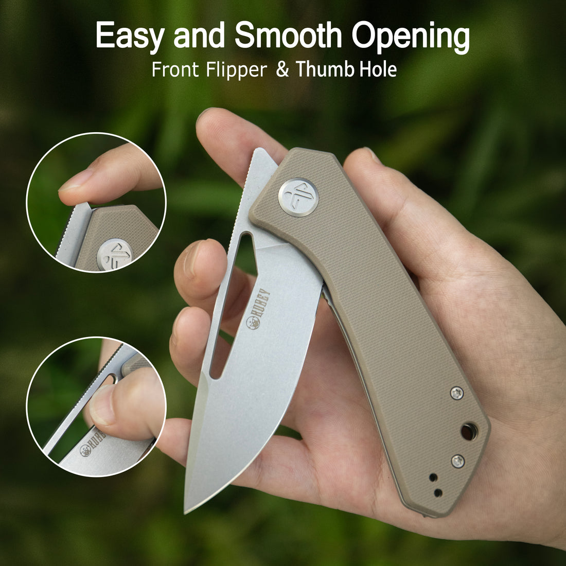 Kubey Thalia Front Flipper EDC Pocket Folding Knife Tan G10 Handle 3.27" Stonewash 14C28N KU331R