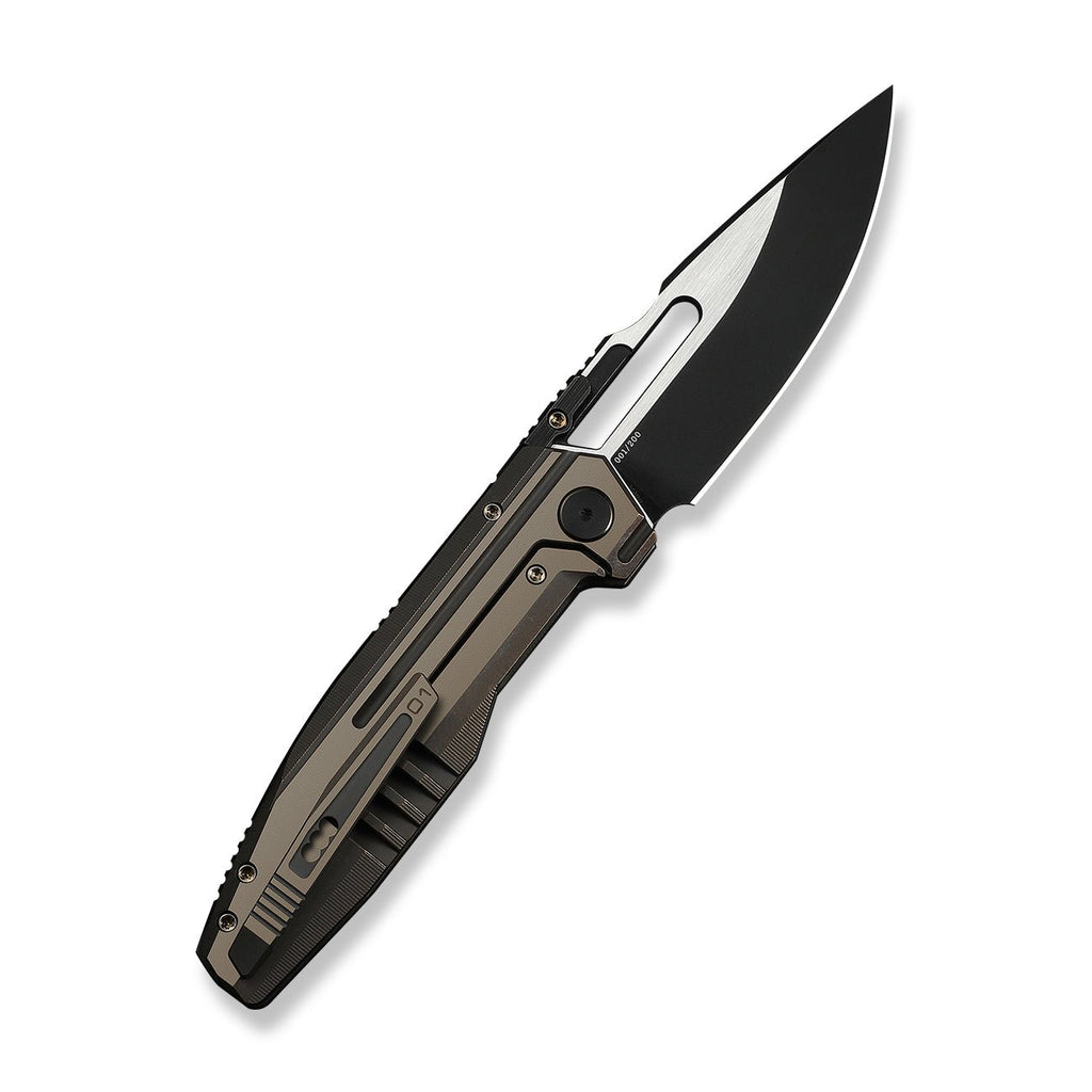 WEKNIFE Reveille Thumb Hole & Thumb Stud Knife Bronze Titanium Handle (3.83" Black Stonewashed Bohler M390 Blade, Satin Flat) WE23057-1
