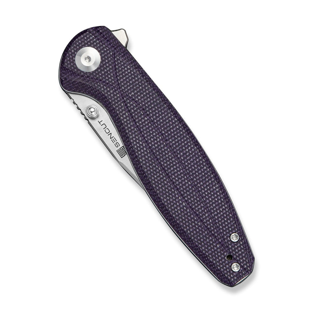 SENCUT Vyrce Flipper & Thumb Stud Knife Purple Canvas Micarta Handle (3.49" Satin Finished D2 Blade) S25104-3
