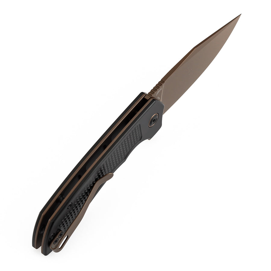 TENABLE KNIVES Entity Button Lock Folding Knife - 3.52'' Rose Gold 14C28N Blade| Black Aluminum Handle| Nalu Knives - B1036F1