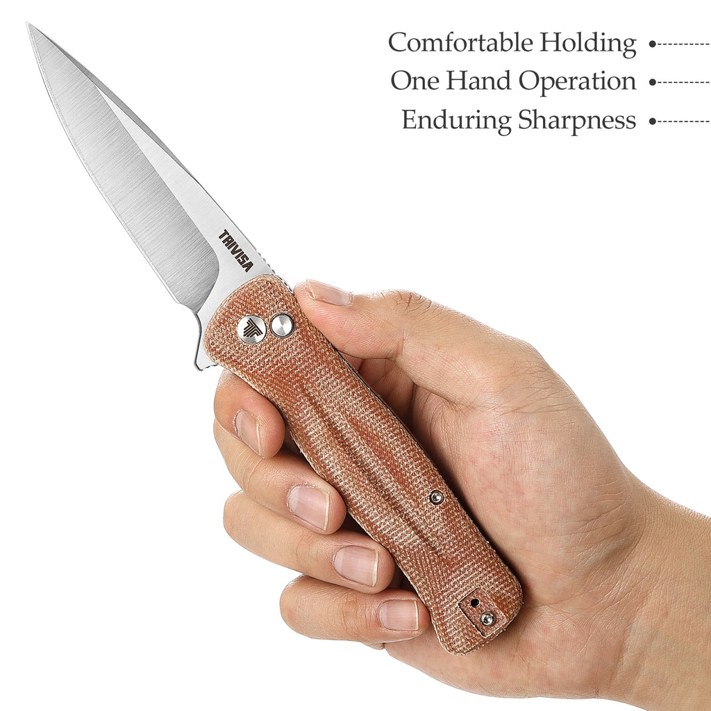 TRIVISA Dor-04Br Button Lock,3.66" 14C28N Steel,Micarta Handle