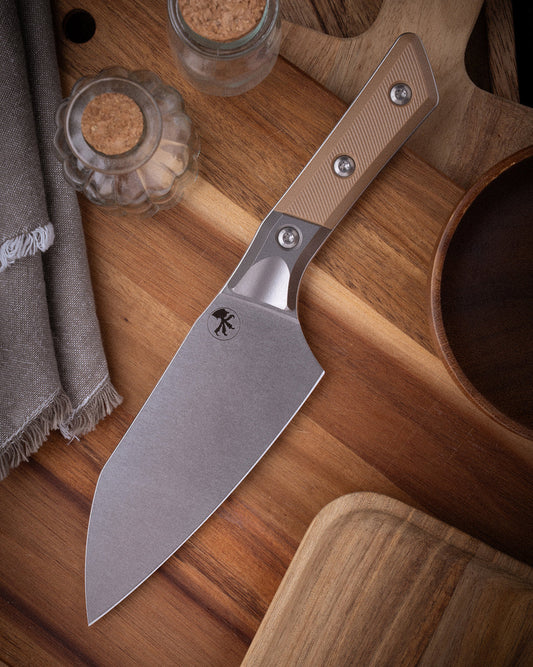 Microtech Gear 6" SANTOKU KNIFE STONEWASH STANDARD TITANIUM BOLSTER COYOTE TAN G-10 (3200B-10CE)
