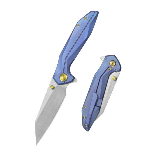 KB Nova Reverse Tanto Frame Locking Folding Knife Blurple Titanium Handle 3.66" Belt Satin M390 Blade KB495C