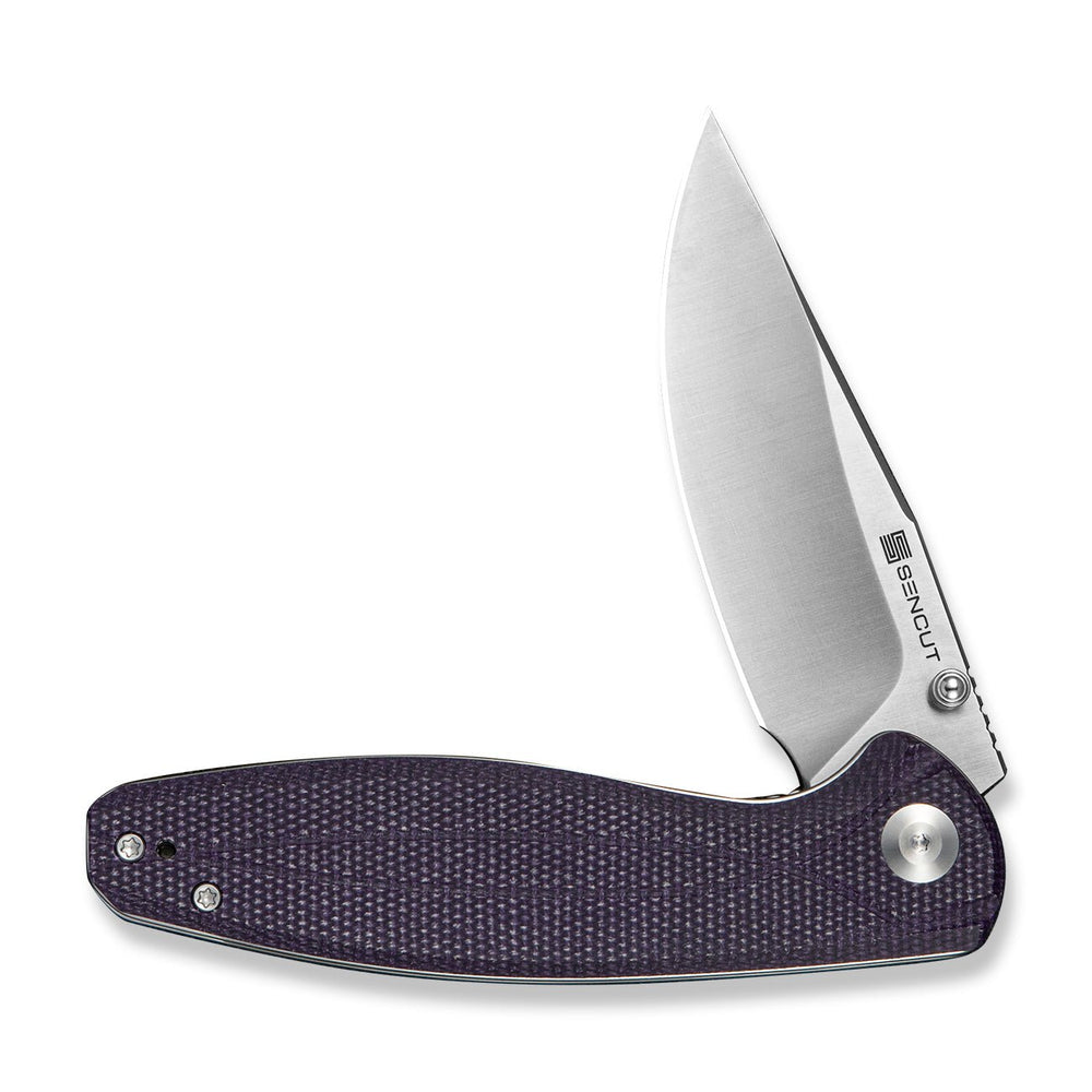 SENCUT Vyrce Flipper & Thumb Stud Knife Purple Canvas Micarta Handle (3.49" Satin Finished D2 Blade) S25104-3