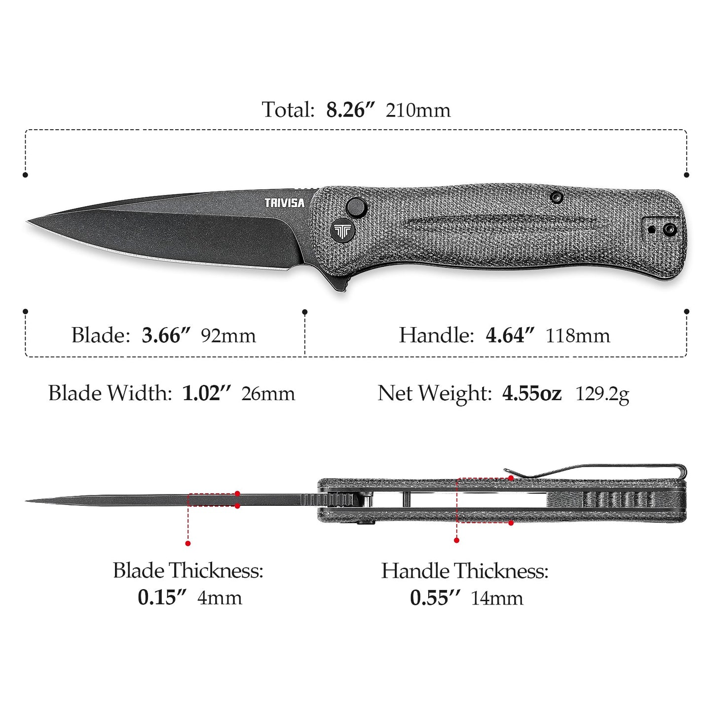 TRIVISA Dor-04Ba Button Lock,3.66" 14C28N Steel,Micarta Handle