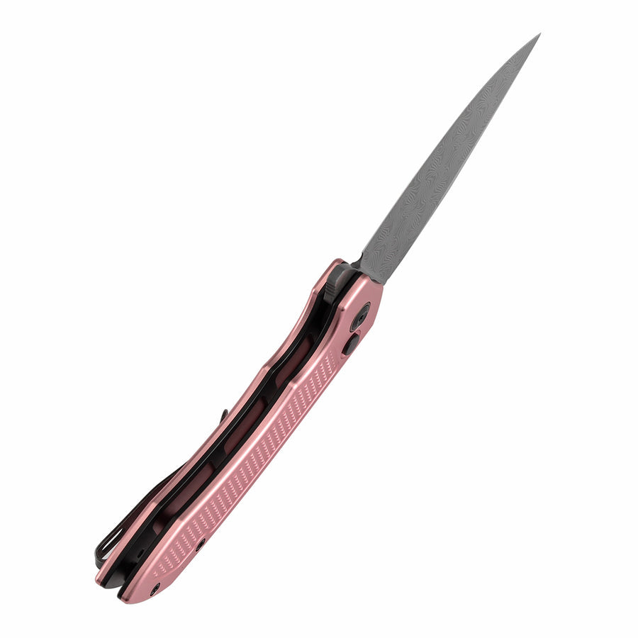 TENABLE KNIVES Entity Button Lock Flipper Knife - 3.52'' Water Ripple Damascus Blade| Rose Gold Aluminum Handle| Nalu Knives - B1036F4