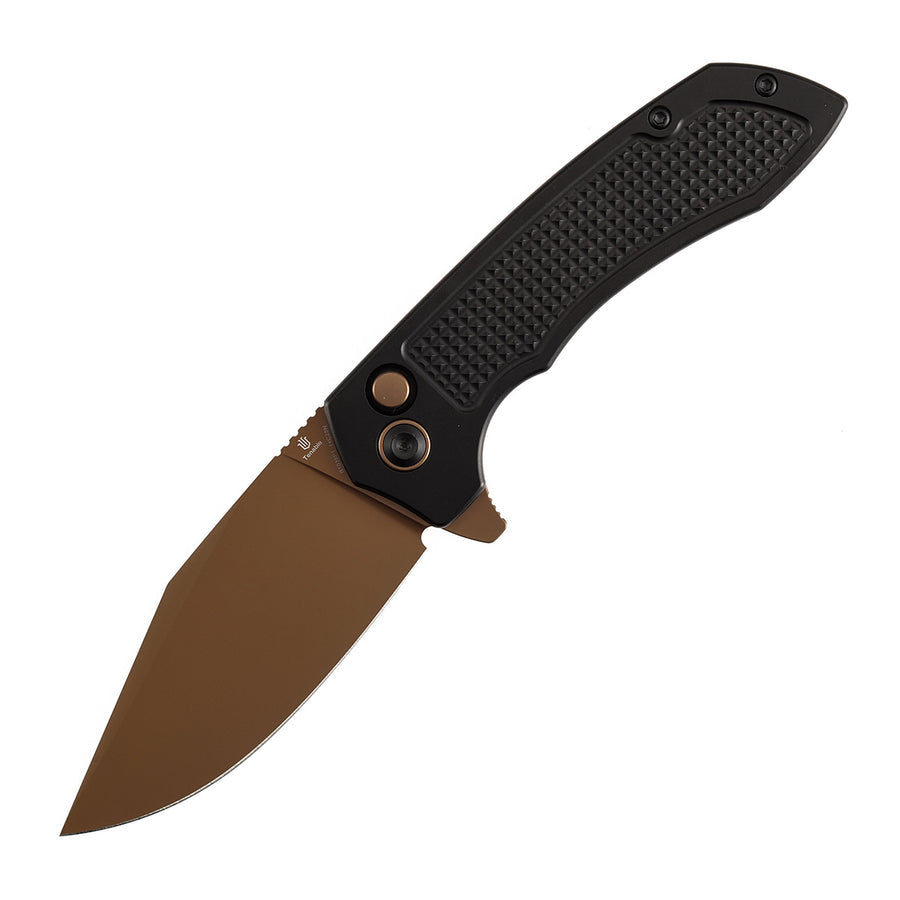 TENABLE KNIVES Entity Button Lock Folding Knife - 3.52'' Rose Gold 14C28N Blade| Black Aluminum Handle| Nalu Knives - B1036F1