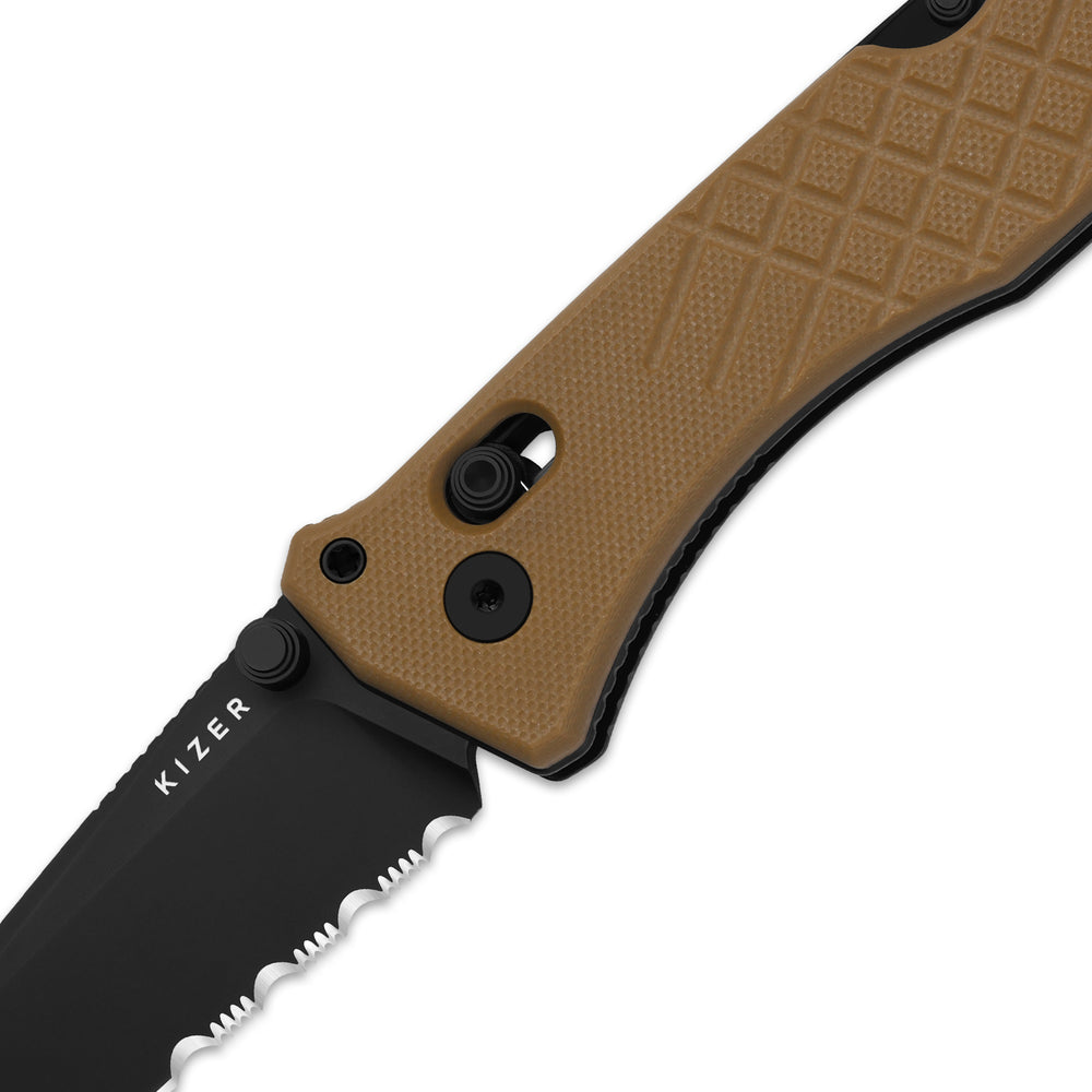 KIZER CUTLERY Aegis T | Serrated AEB-L Blade | G10 | Rescue Hook & Glass Breaker