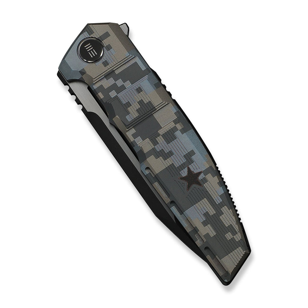 WEKNIFE Breach Flipper Knife Pixel Pattern Titanium Handle (3.85" Black Stonewashed Bohler M390 Blade, Satin Flat) WE25077-3