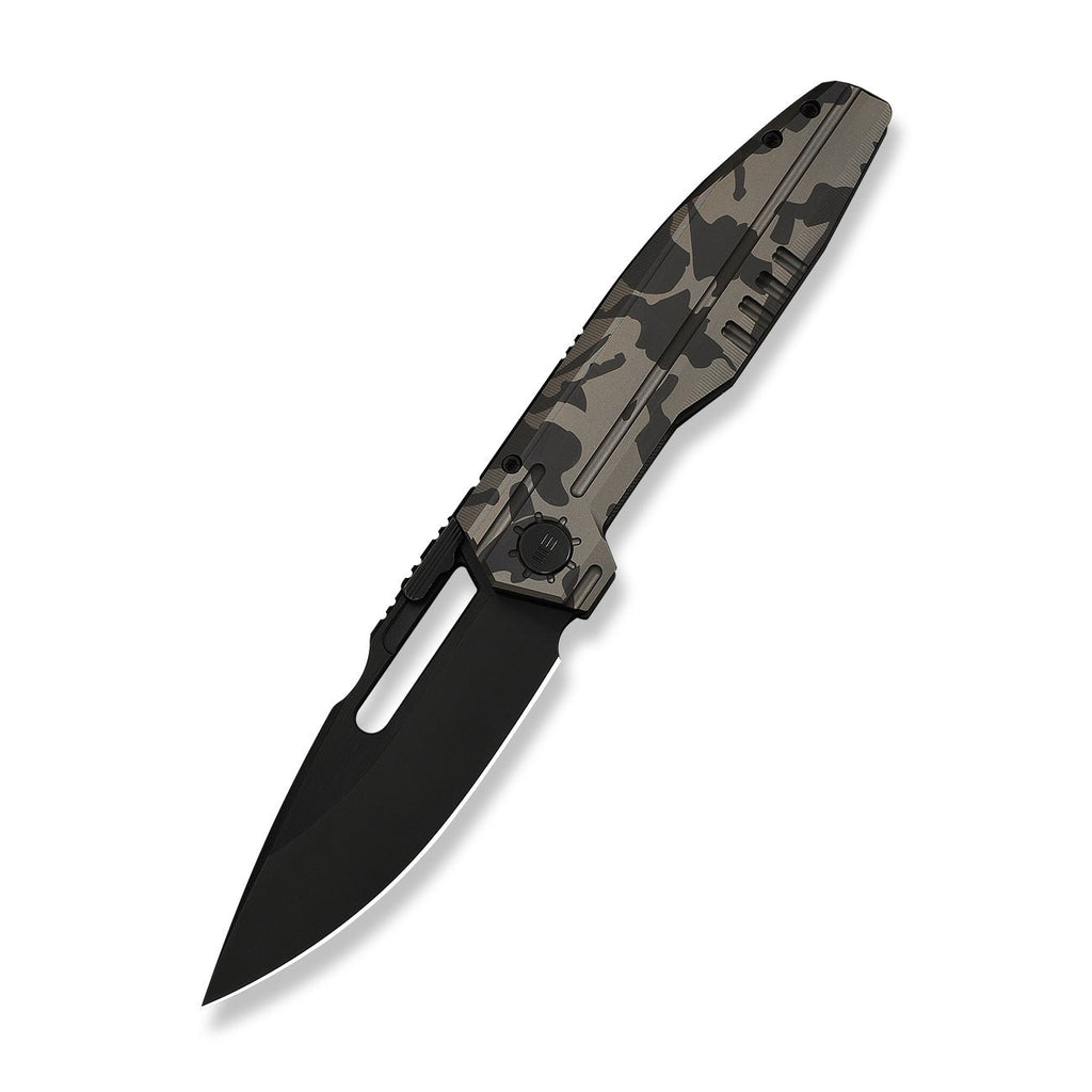 WEKNIFE Reveille Thumb Hole & Thumb Stud Knife Desert Terrain Titanium Handle (3.83" Black Stonewashed Bevels, Black Brushed Flats Bohler M390 Blade) WE23057-3