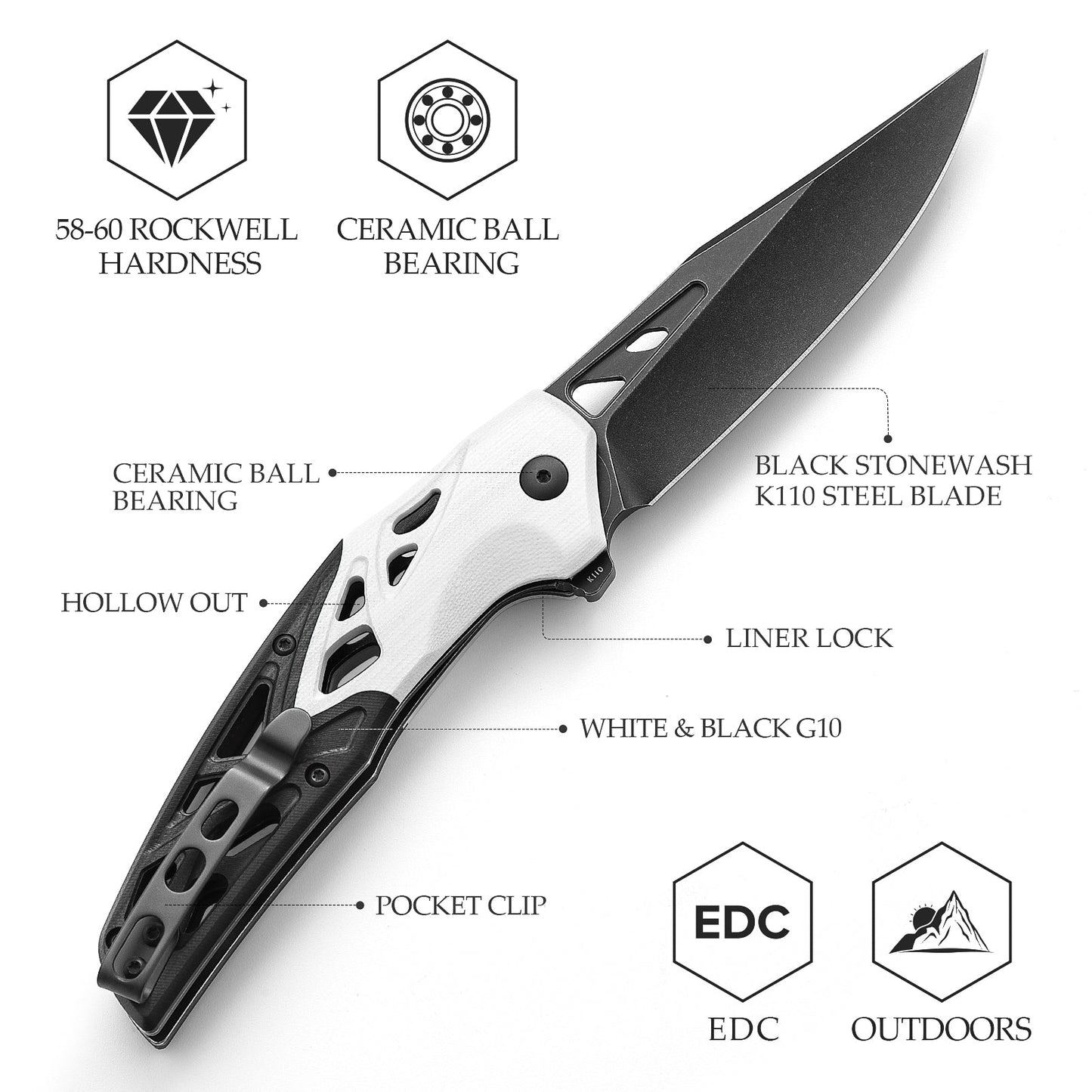 TRIVISA Leo-03BW Liner Lock,3.74" K110 Steel,G10 Handle