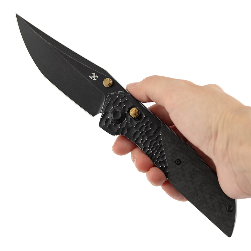KANSEPT KNIVES Deadite | Crossbar Lock | Blackwash Aluminum (rock texture) with Twill Carbon Fiber Scales | 3.52" 154CM Blade | Tuffknives Design | T1081V4