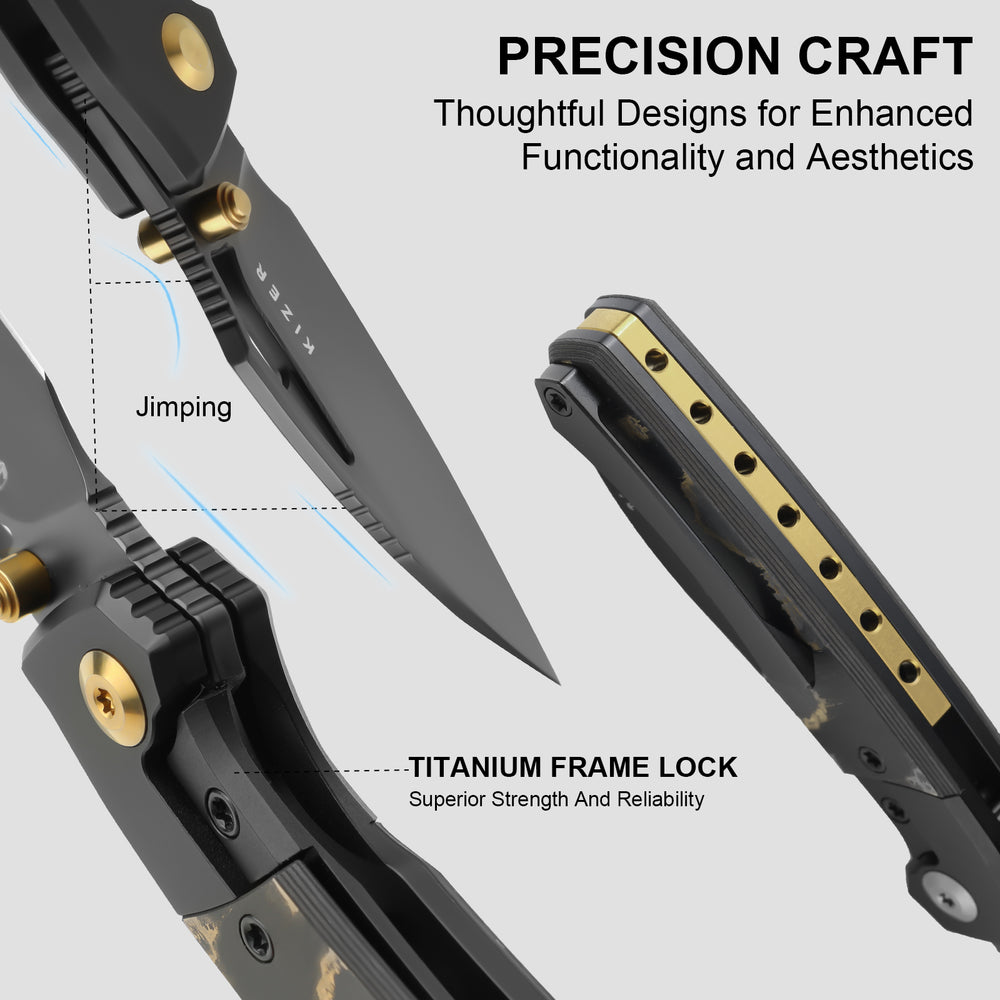 KIZER CUTLERY Shrike | S45VN | Titanium & Fat Carbon Camo Gold | Matte DLC Ultra | Front Flipper | Ki3746A2