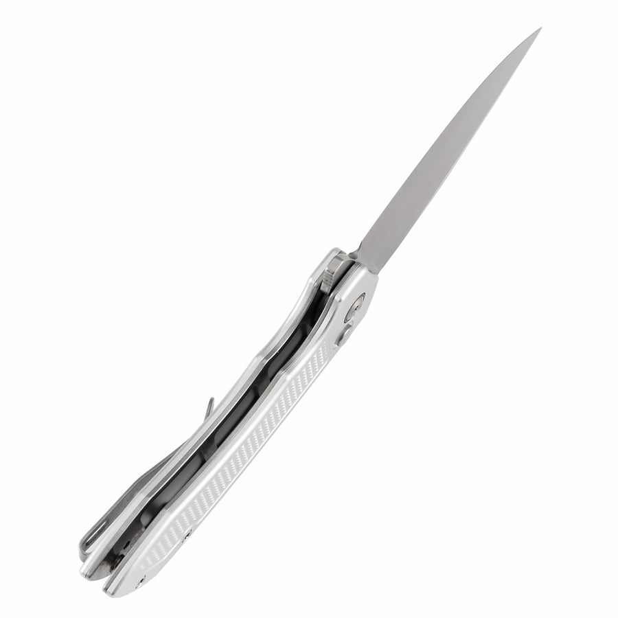 TENABLE KNIVES Entity Button Lock Folding Knife - 3.52'' Stonewashed 14C28N Blade| Silver Aluminum Handle| Nalu Knives - B1036F3