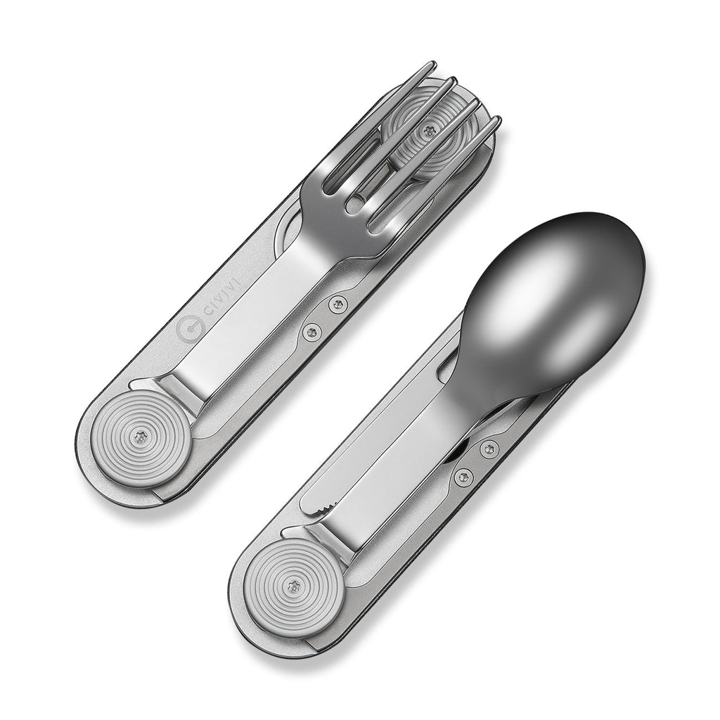 CIVIVI Partake 4-In-1 Multi-Tool Silver Aluminum Handle Stainless Steel Knife, Fork, Spoon & Can Opener C24032C-3, With A Waxed Canvas Pouch