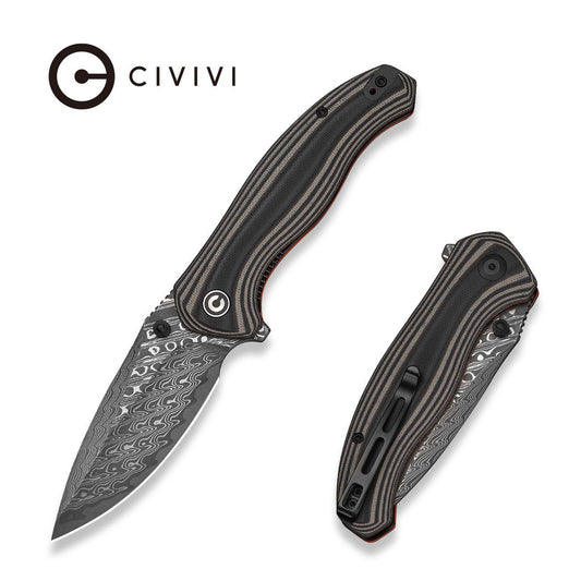 CIVIVI Vyrent Flipper & Thumb Stud Knife Black, Tan & Orange G10 Contoured Handle (3.48" Damascus Blade) C25037B-DS1