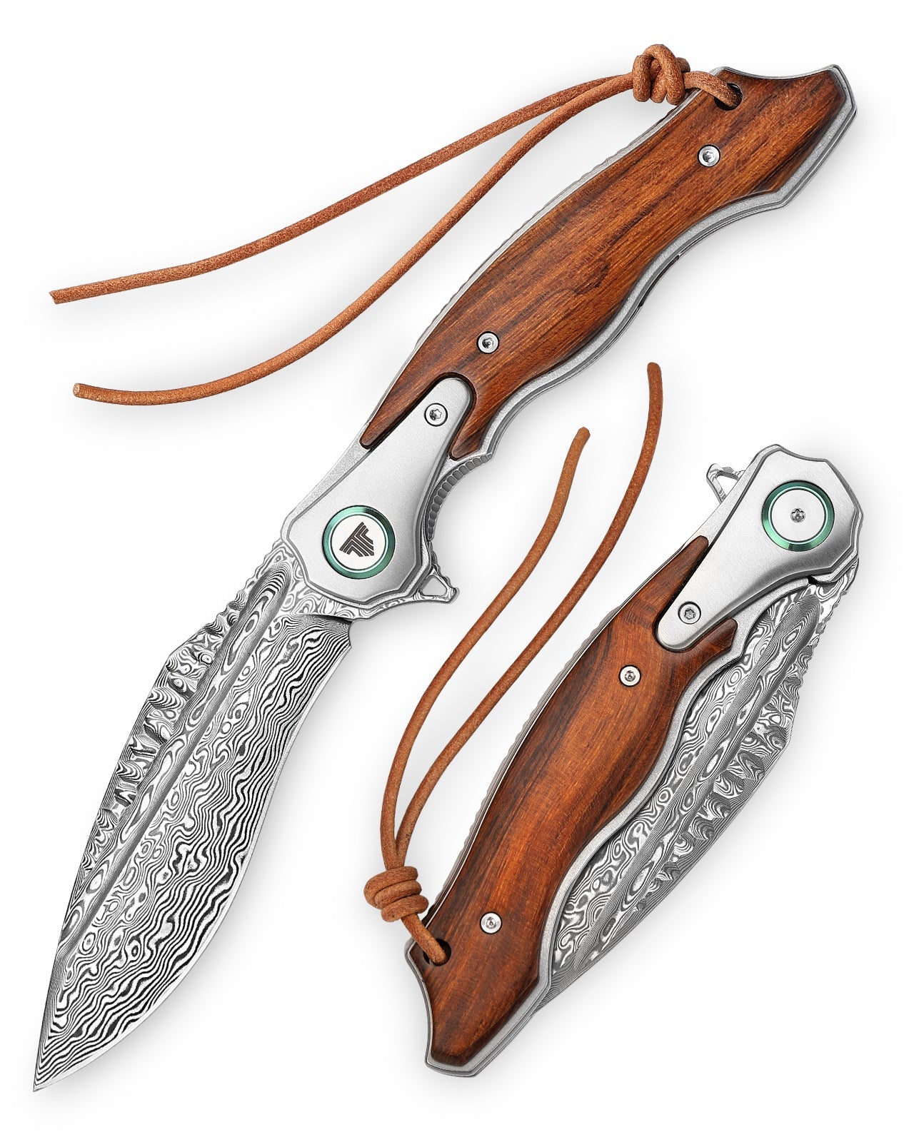 TRIVISA Lepus-01 Liner Lock，4.09'' 110 Layesrs Damascus Steel Blade，Titanium Bolster & Ironwood Handle