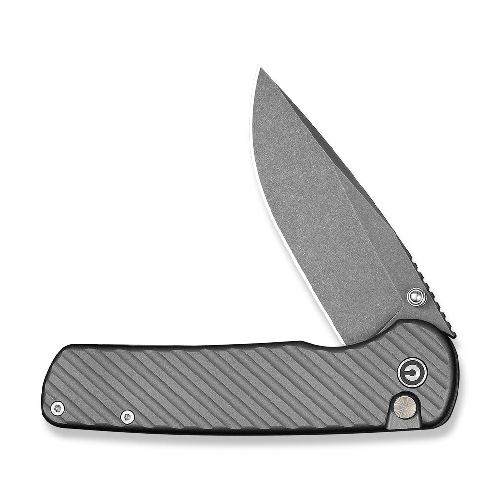 CIVIVI Iron Tide Flipper & Thumb Stud & Button Lock Knife Gray Aluminum Handle (3.24" Gray Stonewashed 14C28N Blade) C25011-3