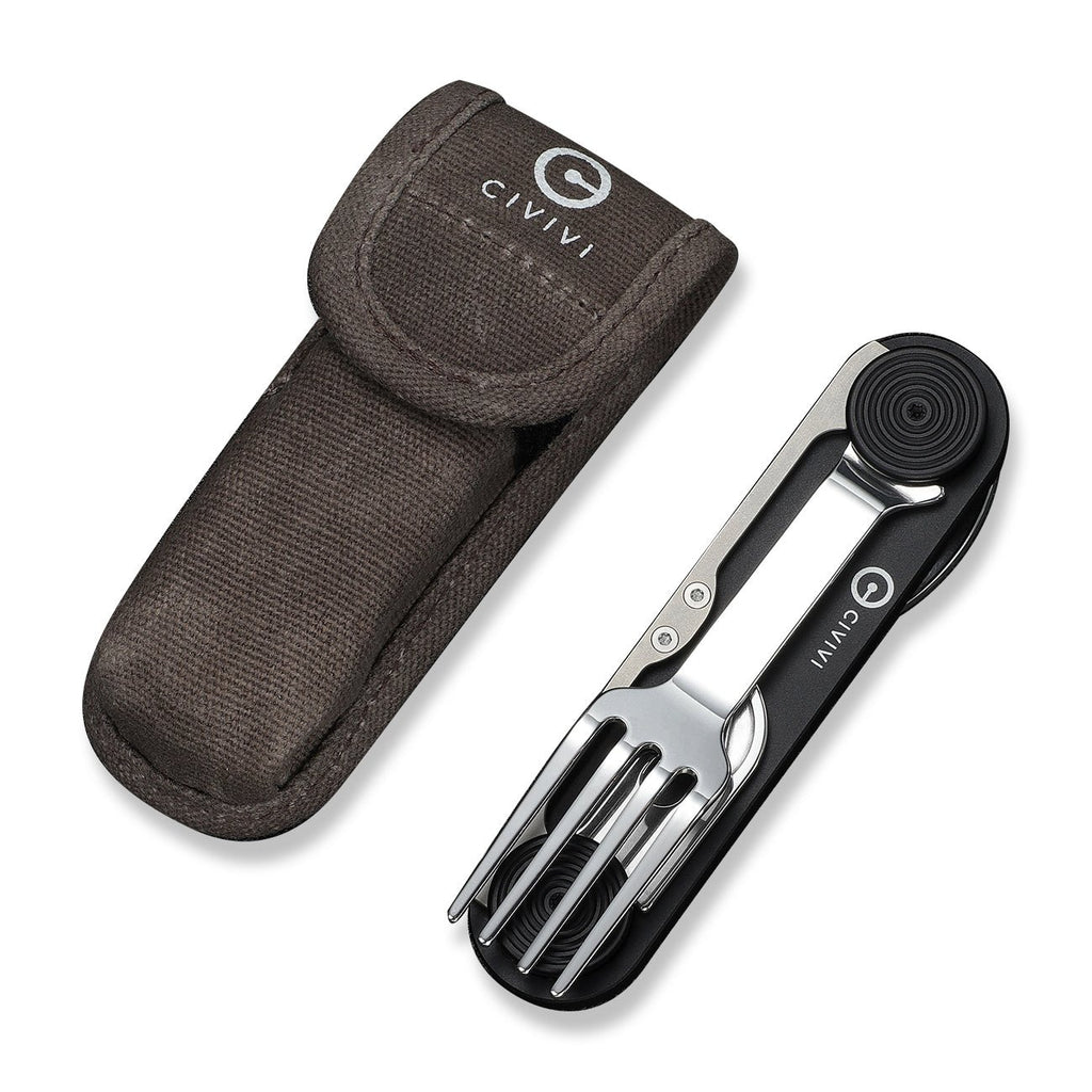 CIVIVI Partake 4-In-1 Multi-Tool Black Aluminum Handle Stainless Steel Knife, Fork, Spoon & Can Opener C24032C-1, With A Waxed Canvas Pouch