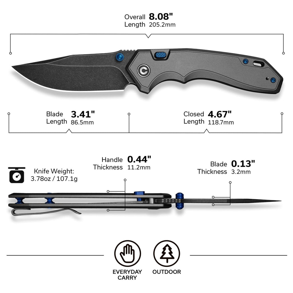CIVIVI ELITE Brova Thumb Stud & Top Liner Lock Knife Gray Aluminum Handle (3.41" Black Stonewashed CPM S35VN Blade) CE25093-1