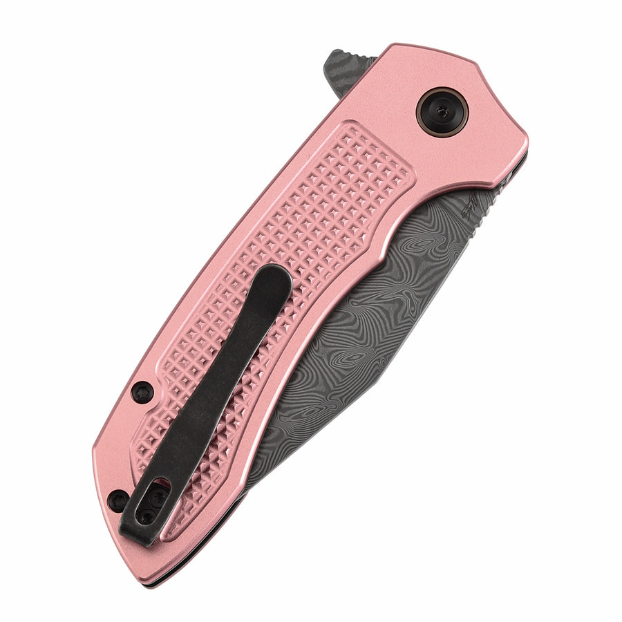 TENABLE KNIVES Entity Button Lock Flipper Knife - 3.52'' Water Ripple Damascus Blade| Rose Gold Aluminum Handle| Nalu Knives - B1036F4