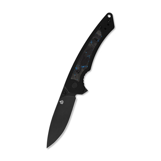 QSP Peregrine Liner Lock Pocket Knife 10Cr15MoV Blade Black G10 with Blue Shredded CF inlay handle