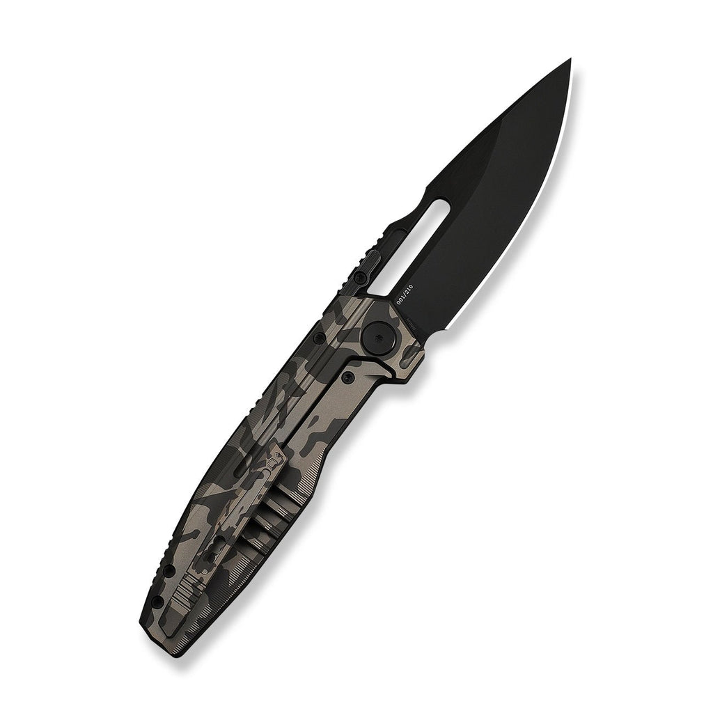 WEKNIFE Reveille Thumb Hole & Thumb Stud Knife Desert Terrain Titanium Handle (3.83" Black Stonewashed Bevels, Black Brushed Flats Bohler M390 Blade) WE23057-3