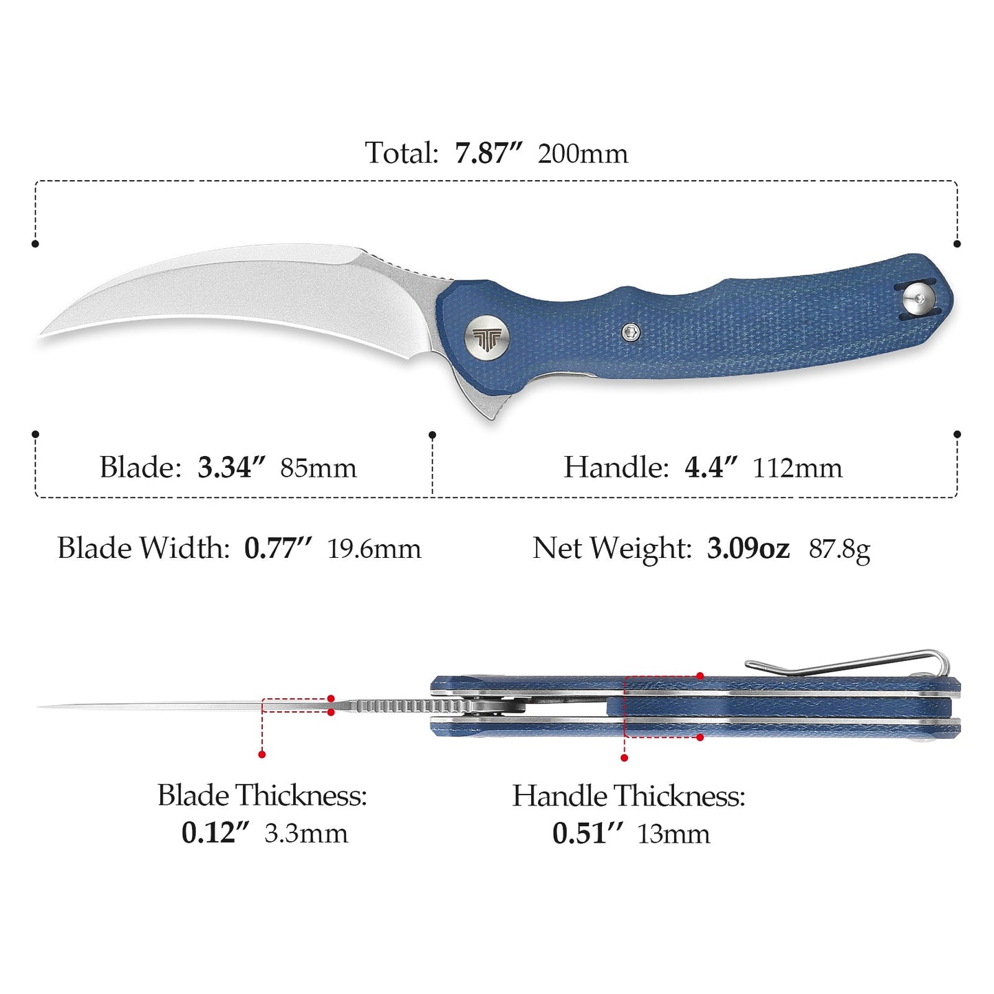 TRIVISA Lacerta-04L Liner Lock EDC Folding Pocket Knife 3.34'' 14C28N Steel Blade,Blue Micarta Handle,Tiguass Design