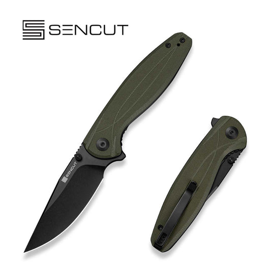 SENCUT Vyrce Flipper & Thumb Stud Knife OD Green G10 Handle (3.49" Black D2 Blade) S25104-1
