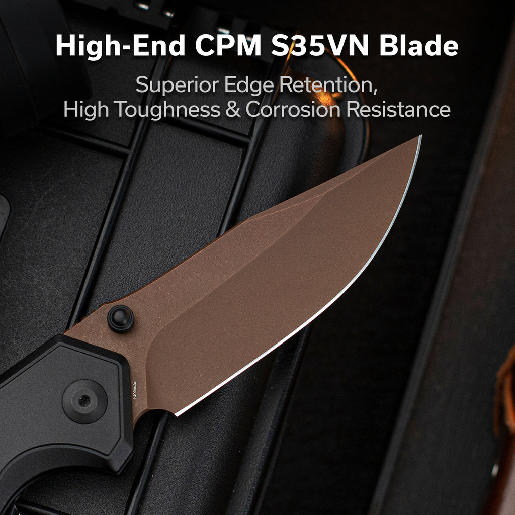 CIVIVI ELITE Brova Thumb Stud & Top Liner Lock Knife Black Aluminum Handle (3.41" Dark Brown Stonewashed CPM S35VN Blade) CE25093-2
