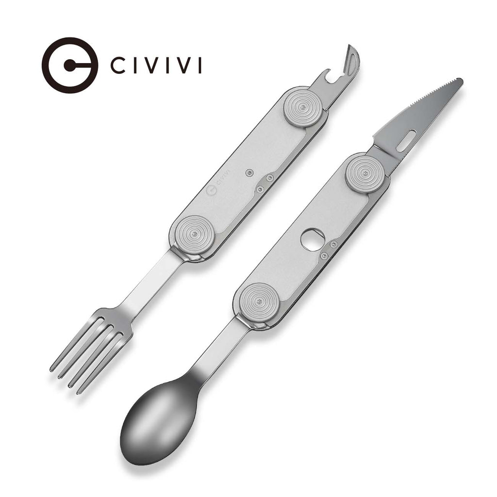 CIVIVI Partake 4-In-1 Multi-Tool Silver Aluminum Handle Stainless Steel Knife, Fork, Spoon & Can Opener C24032C-3, With A Waxed Canvas Pouch