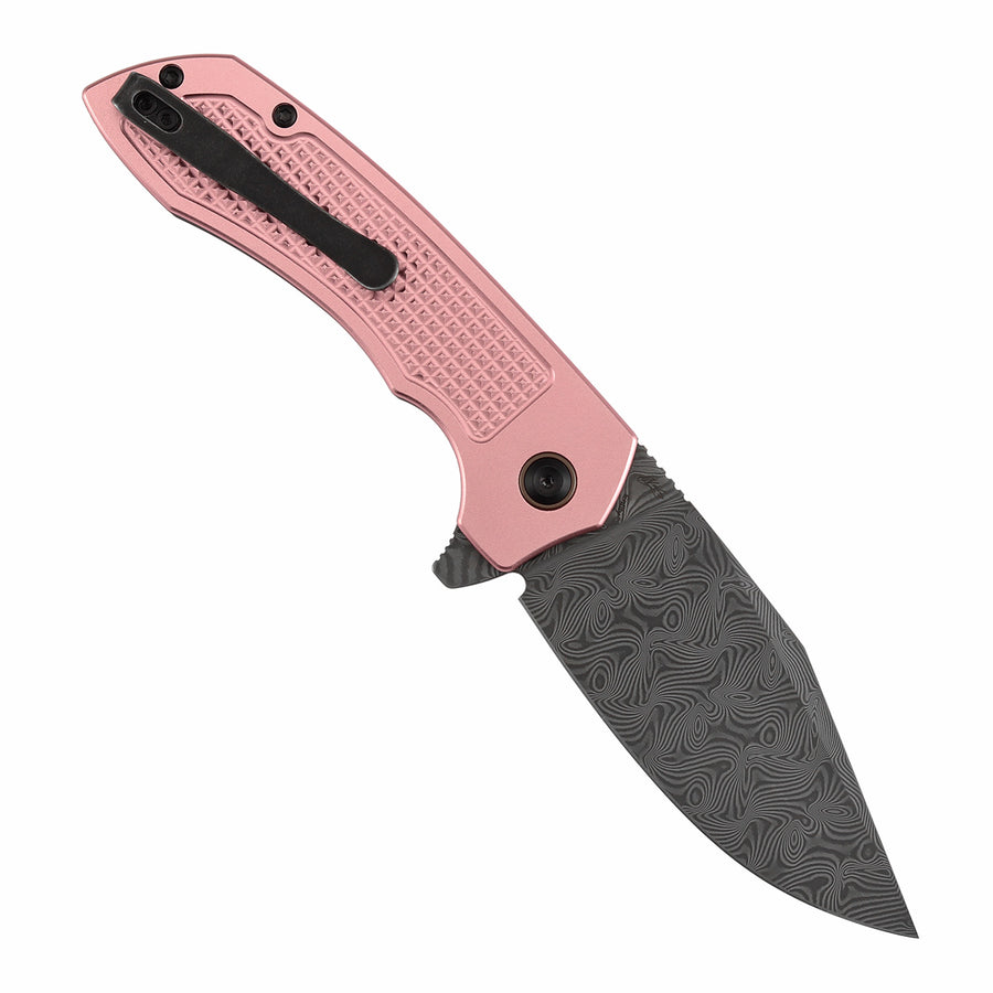 TENABLE KNIVES Entity Button Lock Flipper Knife - 3.52'' Water Ripple Damascus Blade| Rose Gold Aluminum Handle| Nalu Knives - B1036F4