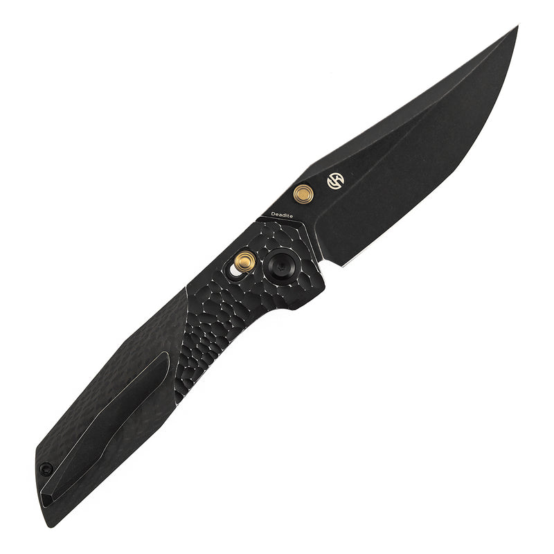 KANSEPT KNIVES Deadite | Crossbar Lock | Blackwash Aluminum (rock texture) with Twill Carbon Fiber Scales | 3.52" 154CM Blade | Tuffknives Design | T1081V4