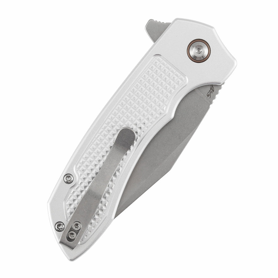 TENABLE KNIVES Entity Button Lock Folding Knife - 3.52'' Stonewashed 14C28N Blade| Silver Aluminum Handle| Nalu Knives - B1036F3