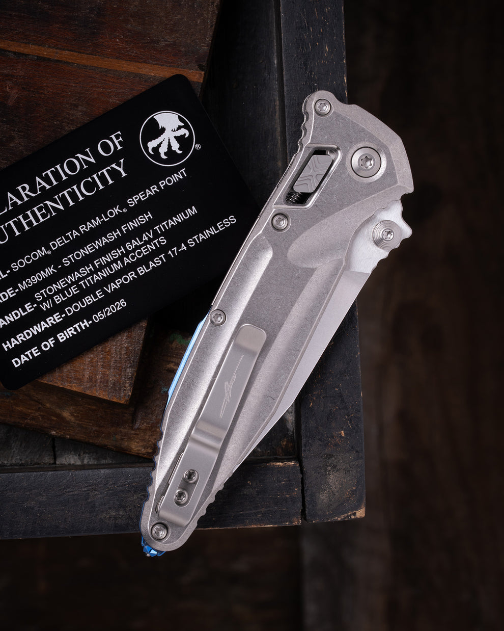 Microtech Gear SOCOM® DELTA RAM-LOK® SPEAR POINT MARFIONE SELECT STONEWASH FINISH STONEWASH FINISH TITANIUM W/ BLUE TITANIUM ACCENTS DOUBLE VAPOR BLAST STAINLESS (159RL-10SMS3)