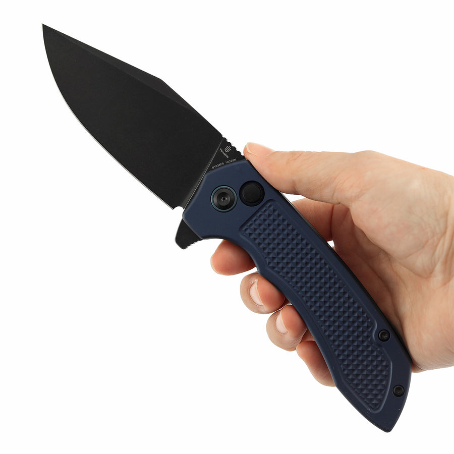 TENABLE KNIVES Entity Button Lock Folding Knife - 3.52'' Blackwash 14C28N Blade| Blue Aluminum Handle| Nalu Knives - B1036F5