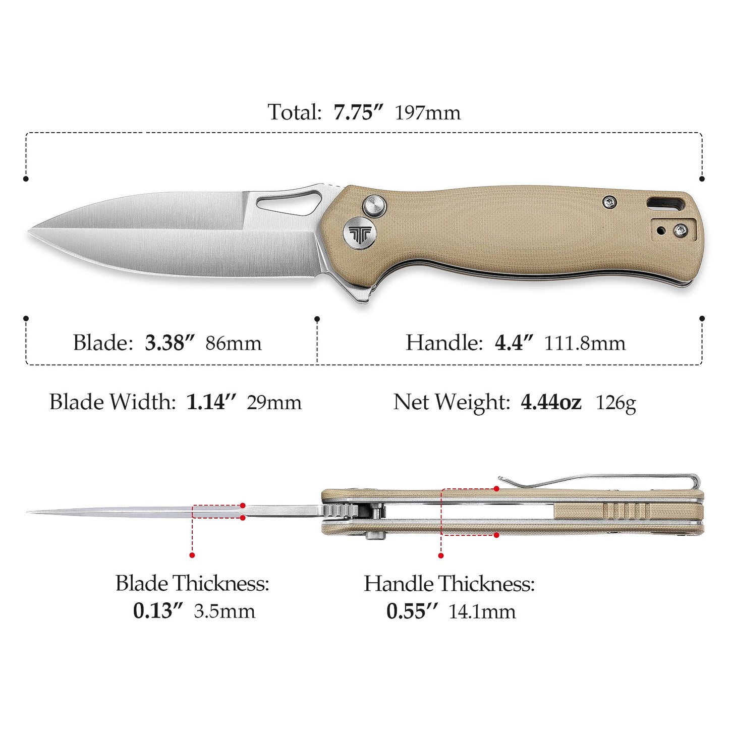 TRIVISA Crateris-03D Button Lock Folding Pocket Knife,3.38" 14C28N Steel,G10 Handle