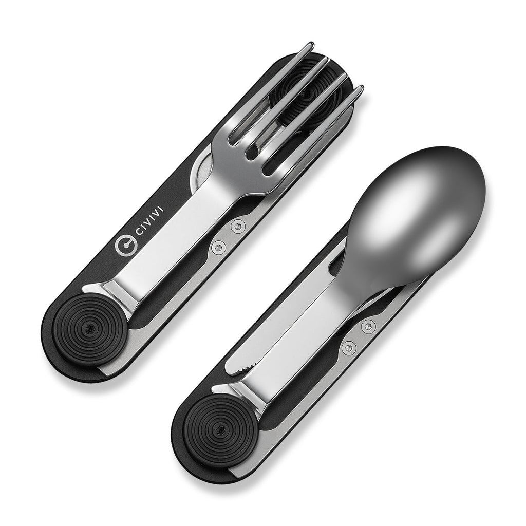 CIVIVI Partake 4-In-1 Multi-Tool Black Aluminum Handle Stainless Steel Knife, Fork, Spoon & Can Opener C24032C-1, With A Waxed Canvas Pouch