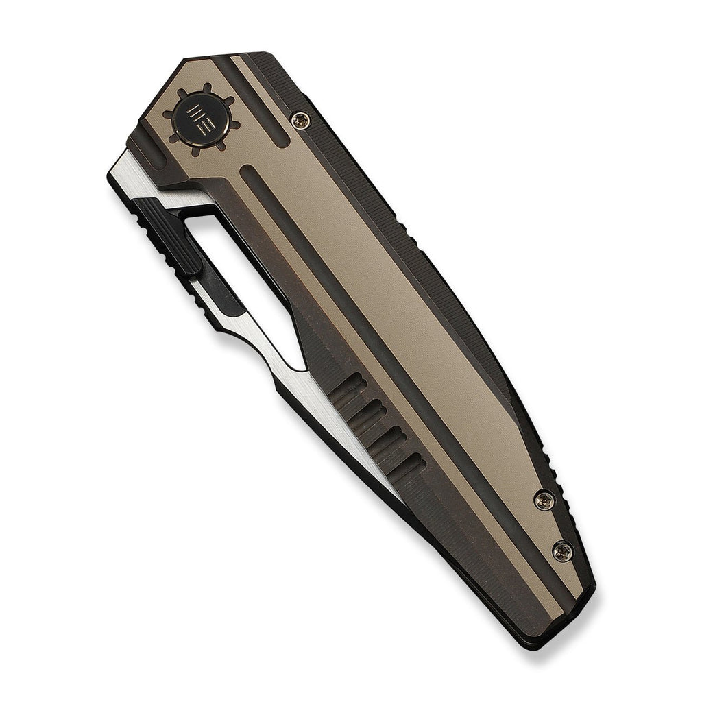 WEKNIFE Reveille Thumb Hole & Thumb Stud Knife Bronze Titanium Handle (3.83" Black Stonewashed Bohler M390 Blade, Satin Flat) WE23057-1