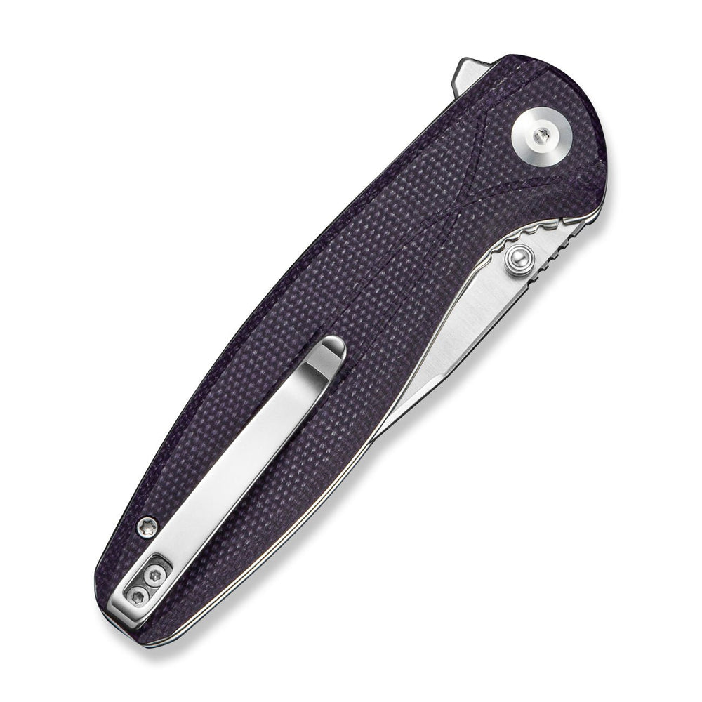 SENCUT Vyrce Flipper & Thumb Stud Knife Purple Canvas Micarta Handle (3.49" Satin Finished D2 Blade) S25104-3