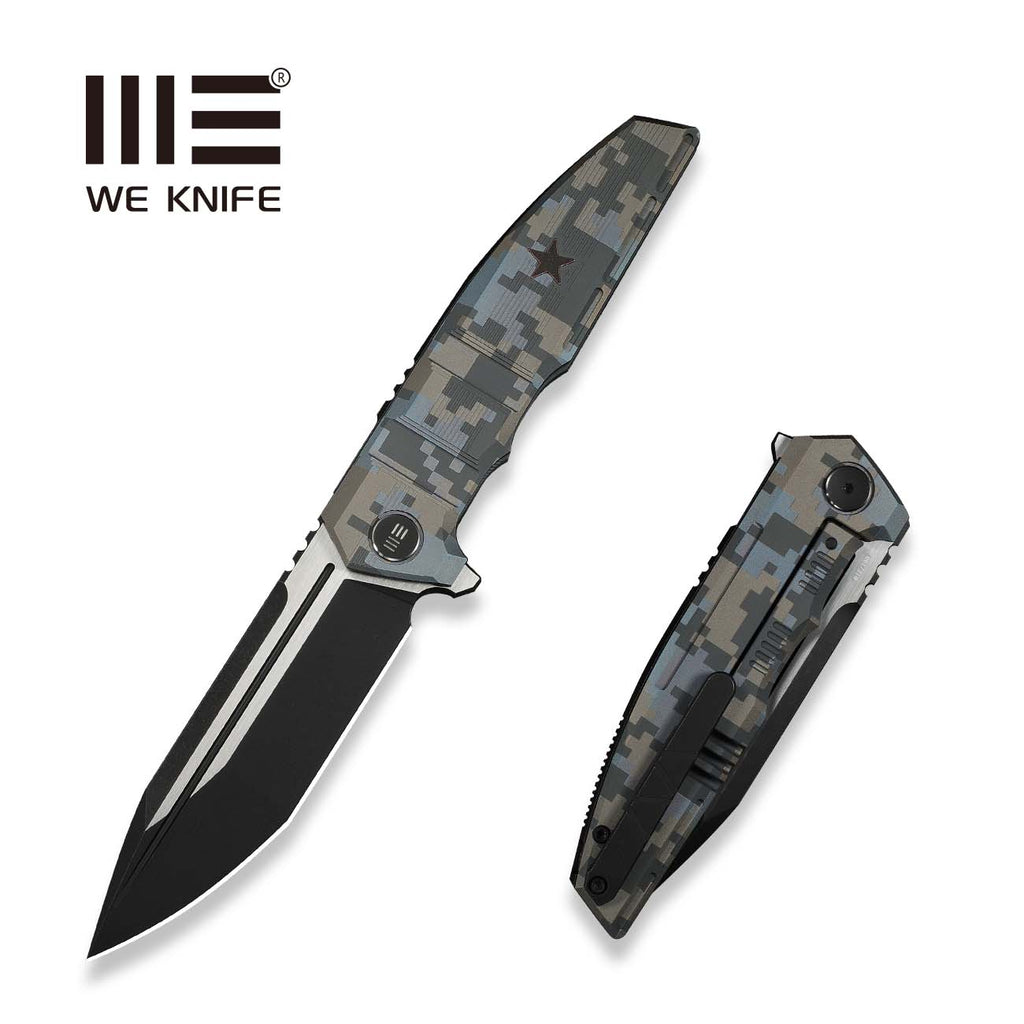 WEKNIFE Breach Flipper Knife Pixel Pattern Titanium Handle (3.85" Black Stonewashed Bohler M390 Blade, Satin Flat) WE25077-3