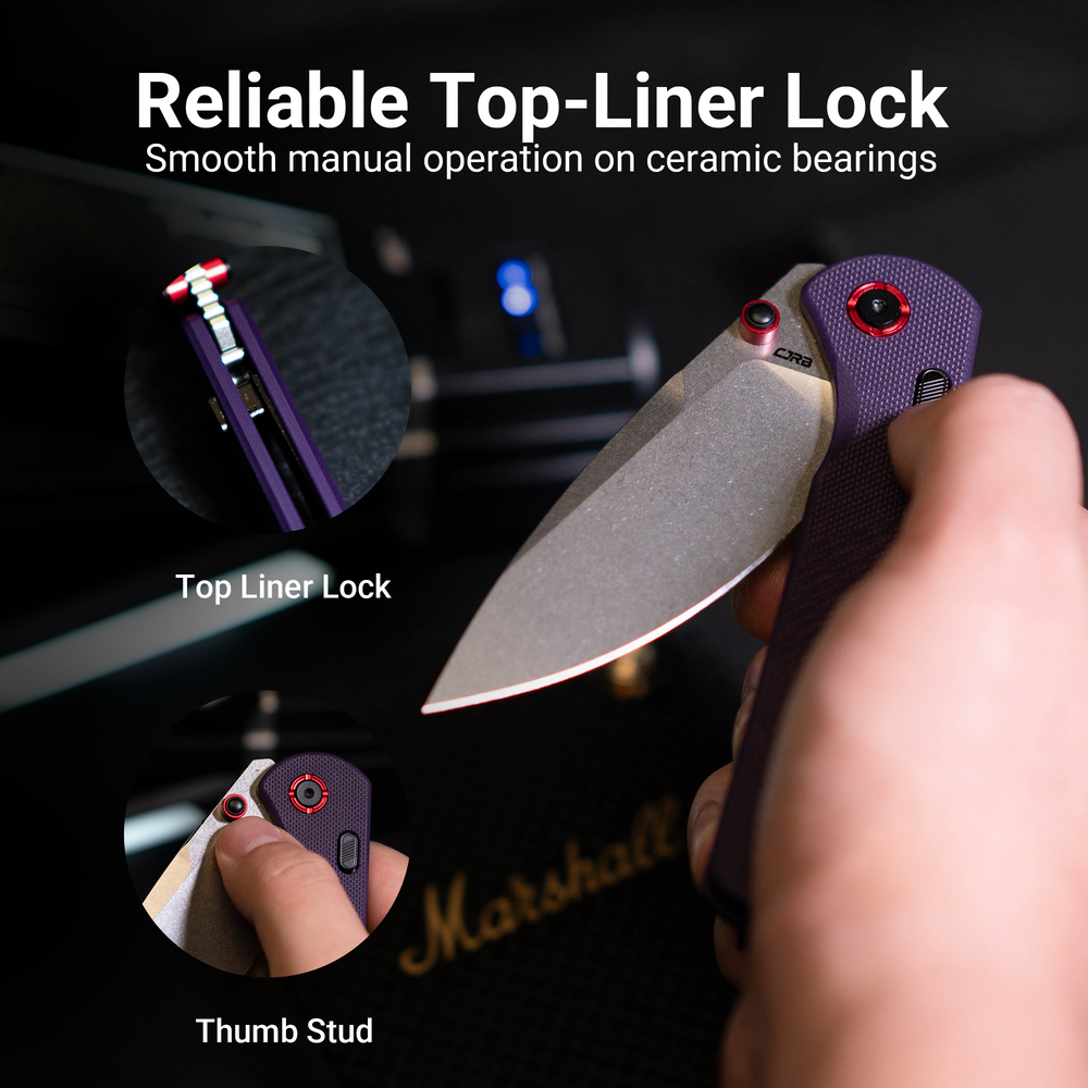 CJRB Latitude Thumb Stud & Top Liner Lock EDC Knife Purple CNC G10 Textured Handle(3.47'' AR-RPM9 Steel Stone Wash Blade) J1975-PU