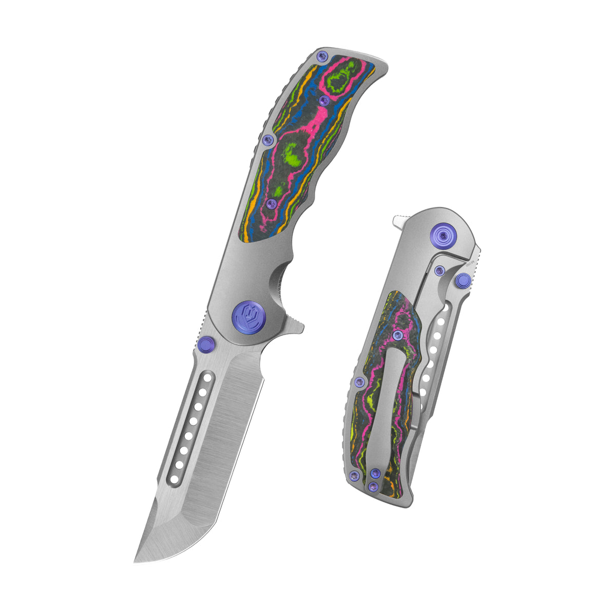 KB Predator Folding Knife Sandblasting Titanium with 80's Camo Carbon inlay Handle 3.46'' Belt Satin Bohler M390 Blade KB436A