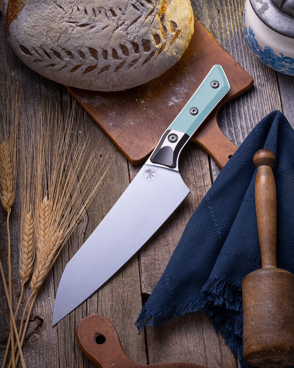 Microtech Gear Chef Knife Stonewash Standard with Bolster Caribbean Blue G-10 (3000B-10CA)