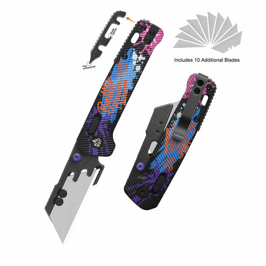 QSP Penguin Workmate Glyde Lock Utility Knife Stainless Steel Blade Black FRN Handle-Graffiti Edition