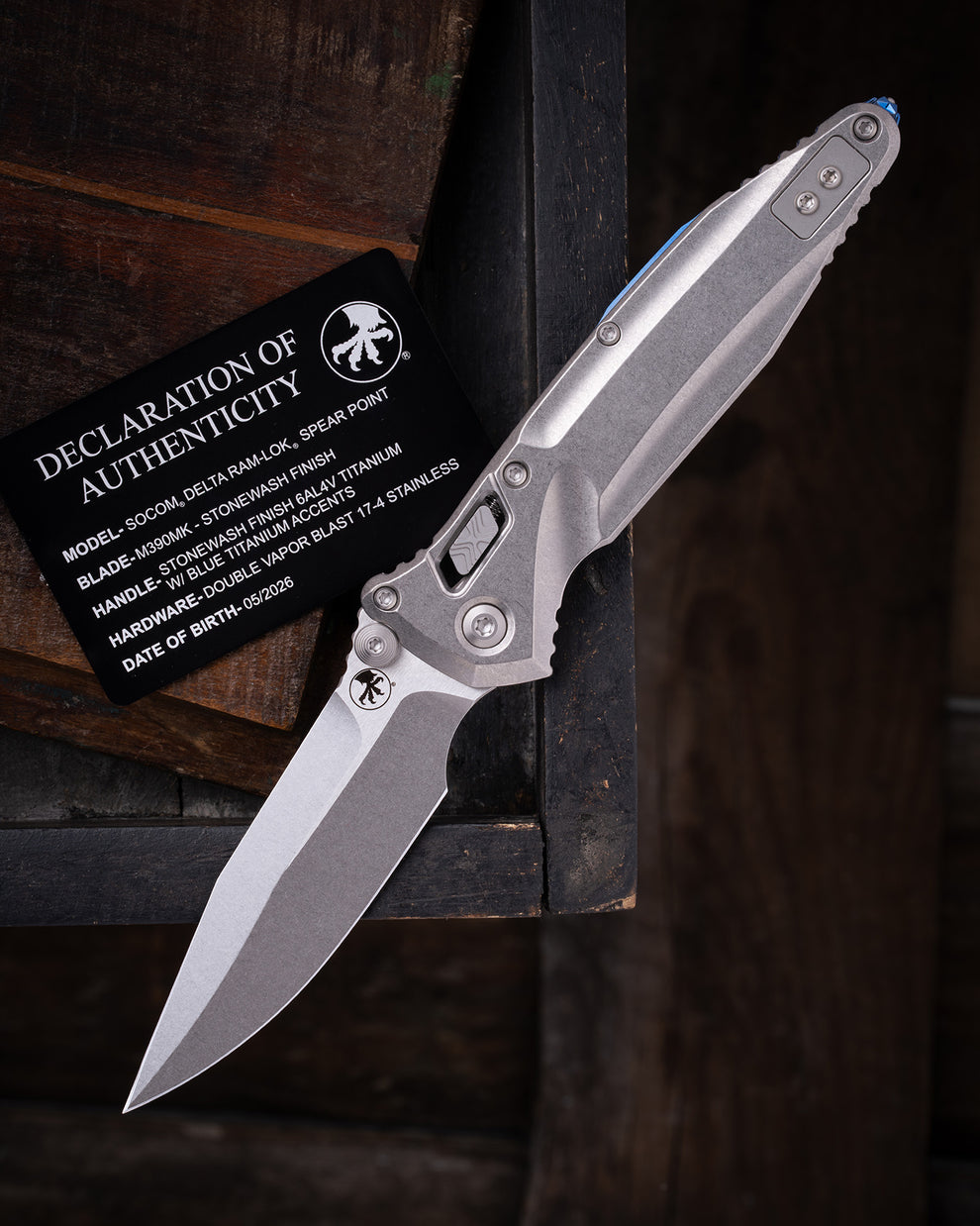 Microtech Gear SOCOM® DELTA RAM-LOK® SPEAR POINT MARFIONE SELECT STONEWASH FINISH STONEWASH FINISH TITANIUM W/ BLUE TITANIUM ACCENTS DOUBLE VAPOR BLAST STAINLESS (159RL-10SMS3)